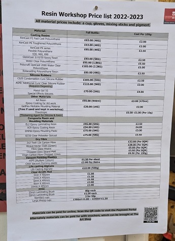 Figure 37 Staffordshire University Resin Workshop Price List (photograph taken by Mark Warren)