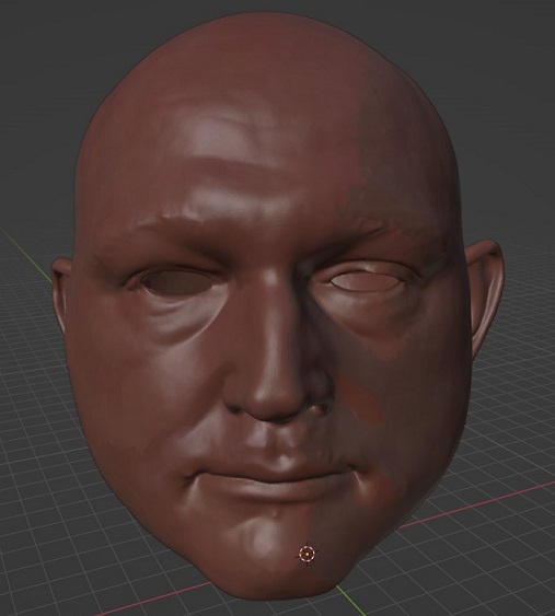 Figure 34 3D Scanned and coloured and smoothed head edited in Blender(screenshot taken by Mark Warren)
