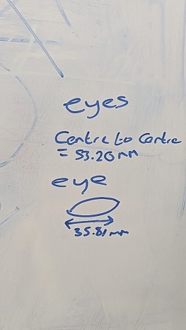 Figure 7: Measurements of distance between centre of eyes and the eye width (Photograph taken by Mark Warren)